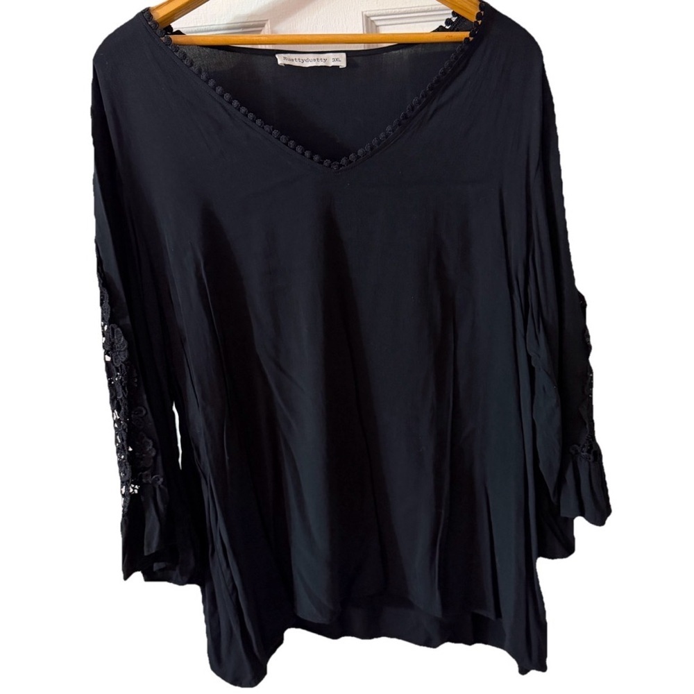 3/$22🩶 Rusttydustty Womens Size 3X Black Lace Insert Top Blouse Boho SHEIN